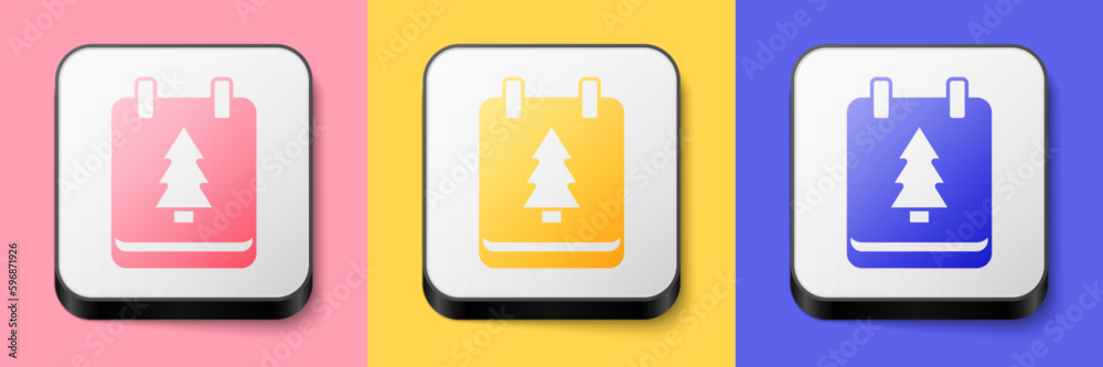 Isometric Christmas day calendar icon isolated on pink, yellow and blue background. Event reminder symbol. Merry Christmas and Happy New Year. Square button. Vector