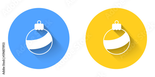 White Christmas ball icon isolated with long shadow background. Merry Christmas and Happy New Year. Circle button. Vector