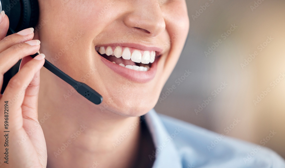 Cropped Close Up of a unknown smiling mixed race call centre agent talking to customers with a wireless technology headset. Hispanic businesswoman answering calls, helping clients from an office Cropped Close Up of a unknown smiling mixed race call centre agent talking to customers with a wireless technology headset. Hispanic businesswoman answering calls, helping clients from an office