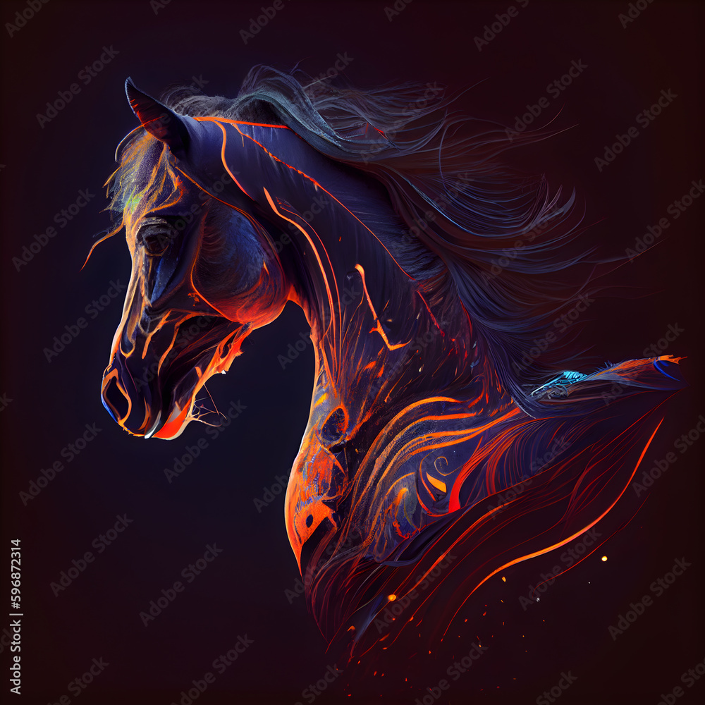 Horse head with beautiful mane on a black background. illustration.