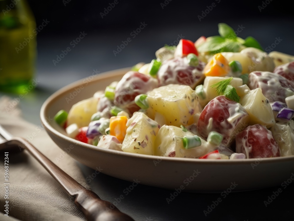 potato salad with colorful vegetables and a creamy dressing