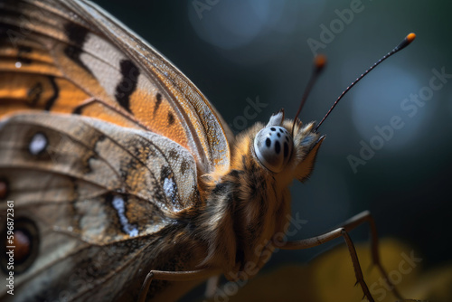 The rust-colored butterfly, close up. Butterfly in the morning nature. Generative AI © barmaleeva