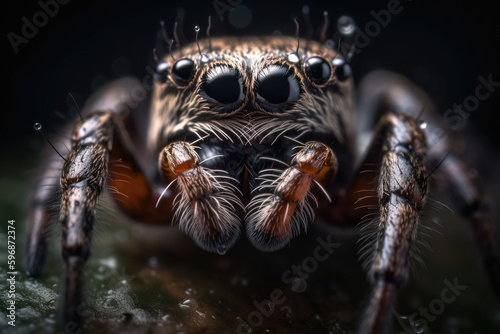 A closeup image of a spider head. A striking macro shot. Generative AI © barmaleeva