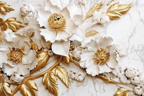 The marble texture in white and gold colors with golden flowers. Luxurious design wallpaper. Generative AI