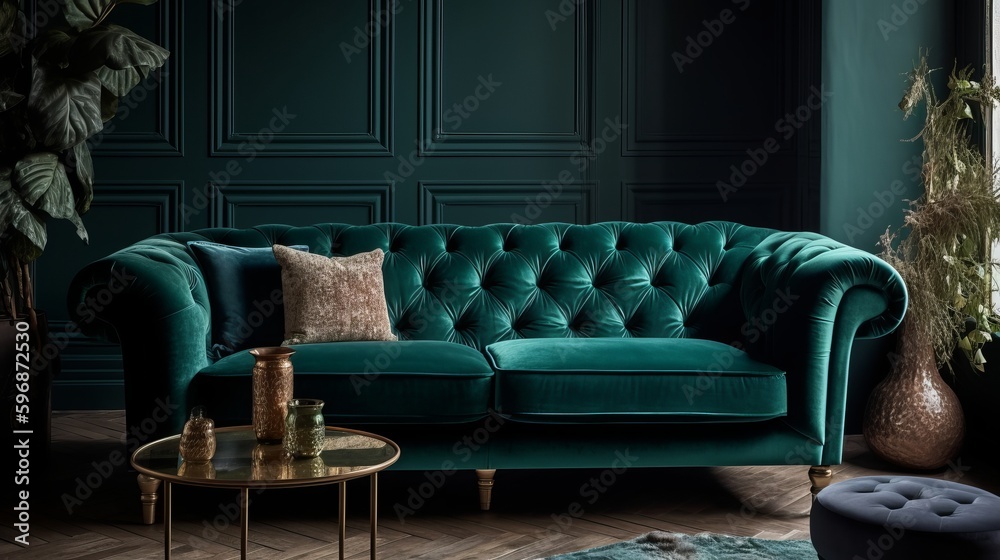 Plush velvet sofa in deep emerald green. AI generated
