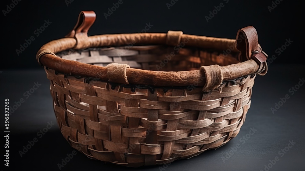 Rustic woven basket with leather straps. AI generated