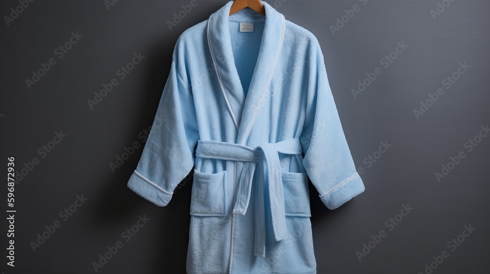 Soft and fluffy bathrobe in pastel blue. AI generated - obrazy, fototapety, plakaty 