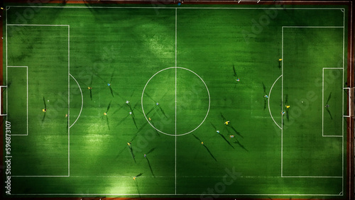 Aerial view, Futsal team athlete of a soccer field, aerial outdoor stadium artificial grass.  © FATIR29
