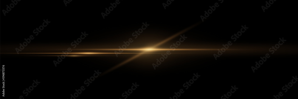 Golden glitter of light. Bright light effect with rays and glare. On a black background.