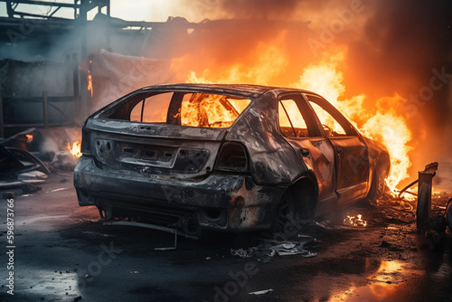 Old damaged cars junkyard. Wrecked cars after accident, graveyard. Smashed, crushed on fire. Realistic Ai generated art