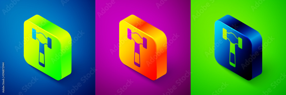 Isometric Hammer icon isolated on blue, purple and green background. Tool for repair. Square button. Vector Isometric Hammer icon isolated on blue, purple and green background. Tool for repair. Square button. Vector