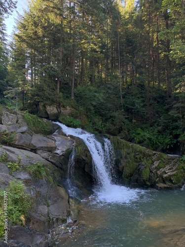 Mountain waterfall against the backdrop of a forest in the Ukrainian Carpathians