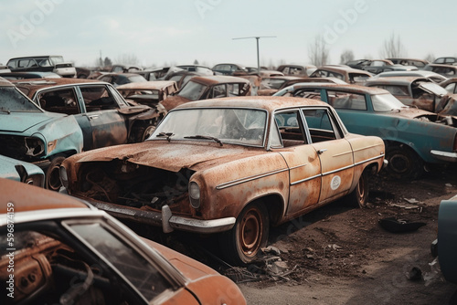 Old damaged cars junkyard. Wrecked cars after accident, graveyard. Smashed, crushed, decayed, rusty transport. Realistic Ai generated art
