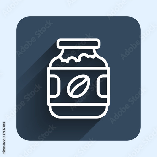 White line Coffee jar bottle icon isolated with long shadow background. Blue square button. Vector