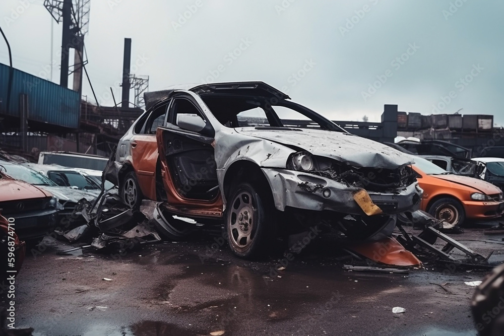 Modern damaged cars junkyard. Wrecked cars after accident, graveyard. Smashed, crushed. Realistic Ai generated art