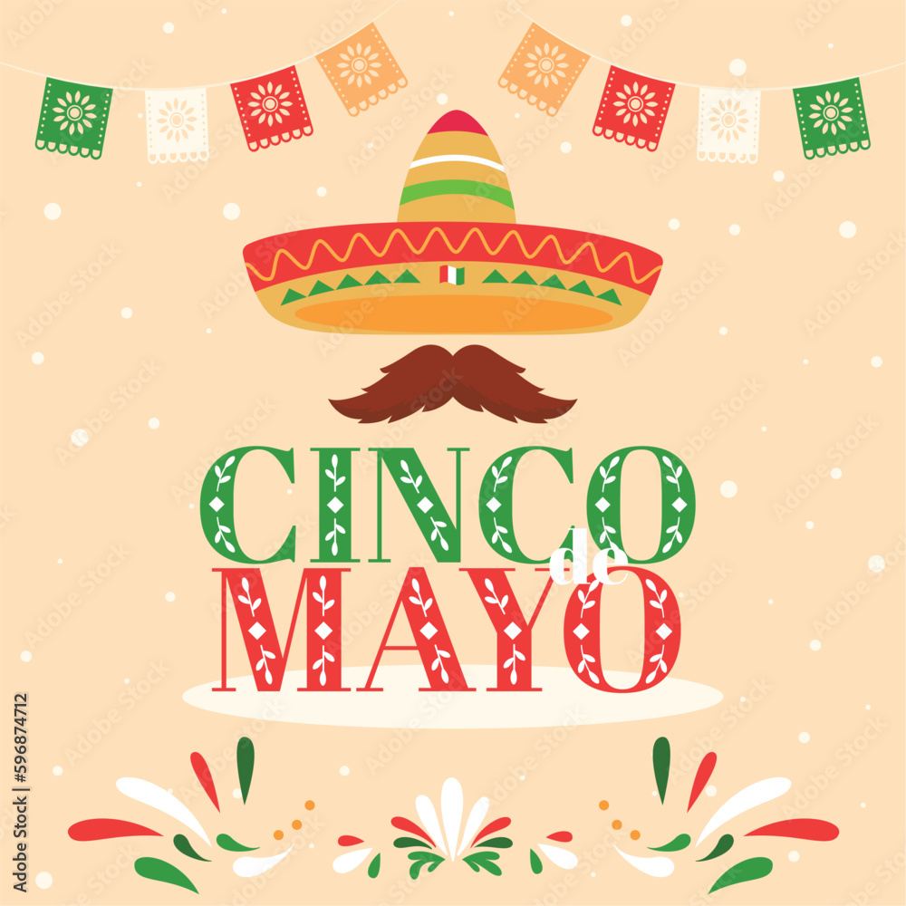 Colored cinco de mayo poster with mexican hat and mustache Vector