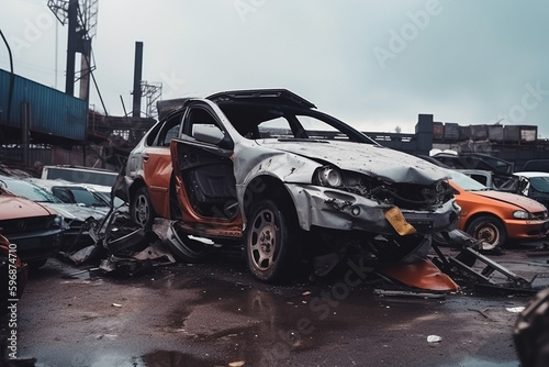 Modern damaged cars junkyard. Wrecked cars after accident, graveyard. Smashed, crushed. Realistic Ai generated art © Pavel
