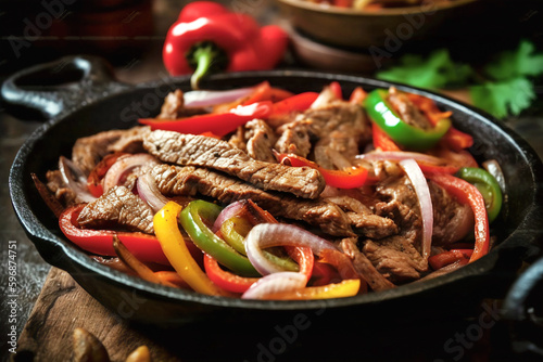 Delicious home cooked beef steak fajitas in iron cast skillet with colorful sweet peppers and onions. Traditional Mexican specialty popular across America