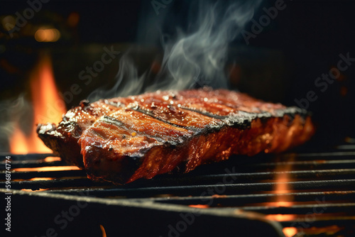 Kansas city style barbecued smoked brisket with sauce on a grill rack. Traditional meat specialty of American cuisine
