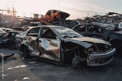 Modern damaged cars junkyard. Wrecked cars after accident, graveyard. Smashed, crushed transport. Realistic Ai generated art