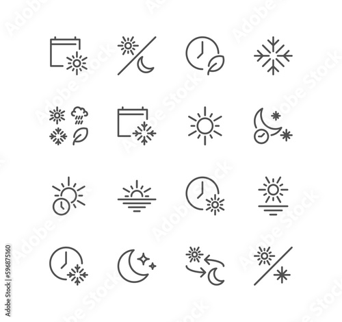 Set of four seasons and day parts related icons, day night switch, night time, sunset time, all seasons and linear variety vectors.
