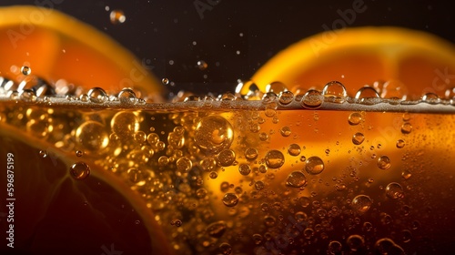 The carbonated bubbles rising to the surface of a glass filled with ice-cold orange soda