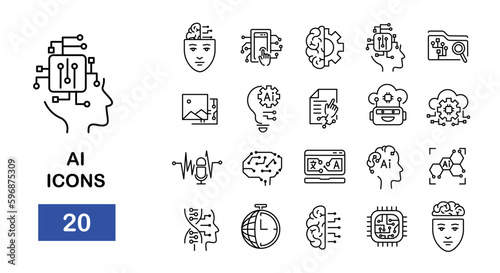 Artificial Intelligence Vector Line Icons Set. Humanoid Robot, Thinking Machine, Deep Learning, Genetic Algorithm, Neural Network, Machine Vision. Vector illustration