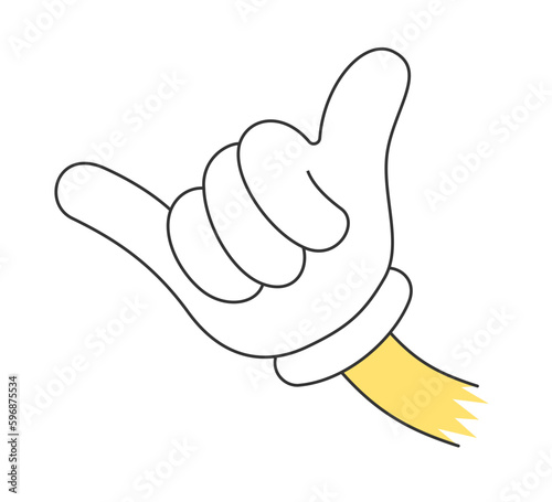 Retro groovy hand gesture shaka. Vintage hippie cartoon palm show aloha sign sticker. Hippy style trendy y2k funky vector isolated eps illustration