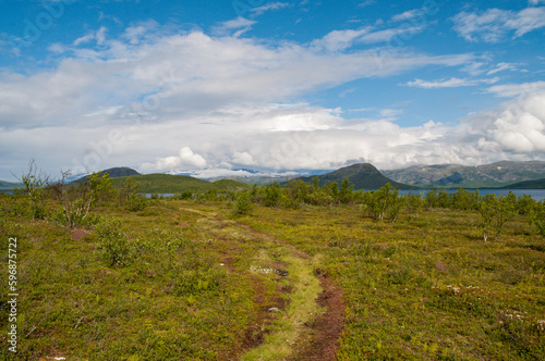 Path for hikers on a meadow in the mountains in Abisko National Park in Sweden