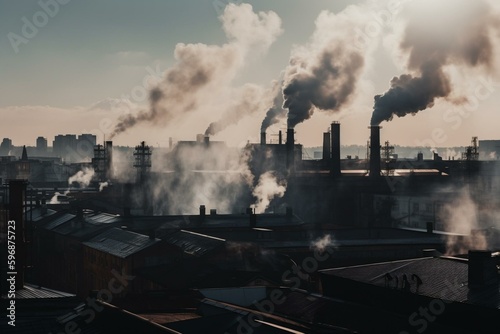 Smoke rising over an industrial city skyline with chimneys puffing. Generative AI