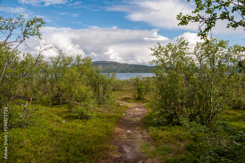 Hiking trail in nature in the mountains by the lake in Abisko National Park in Sweden