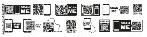 Qr code scanner.Collection of Qr codes with scan me.Scanning a QR code with a smartphone.Vector