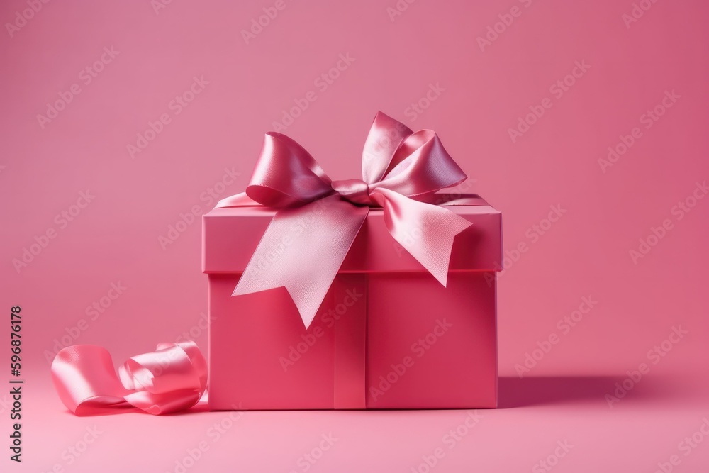  pink gift box tied with a silk ribbon on a pink background postcard .Free space for your text.Generative AI