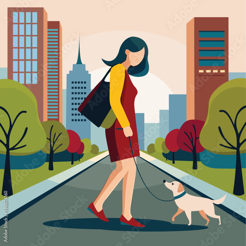 Vector illustration of a woman walking with her dog, clean illustration, flat colour