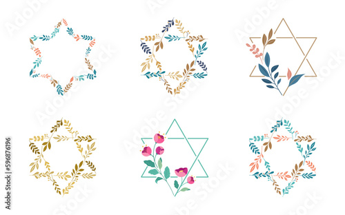 Jewish symbol. Star of David with leaves, flowers collection. Bat and Bar Mitzvah concept design