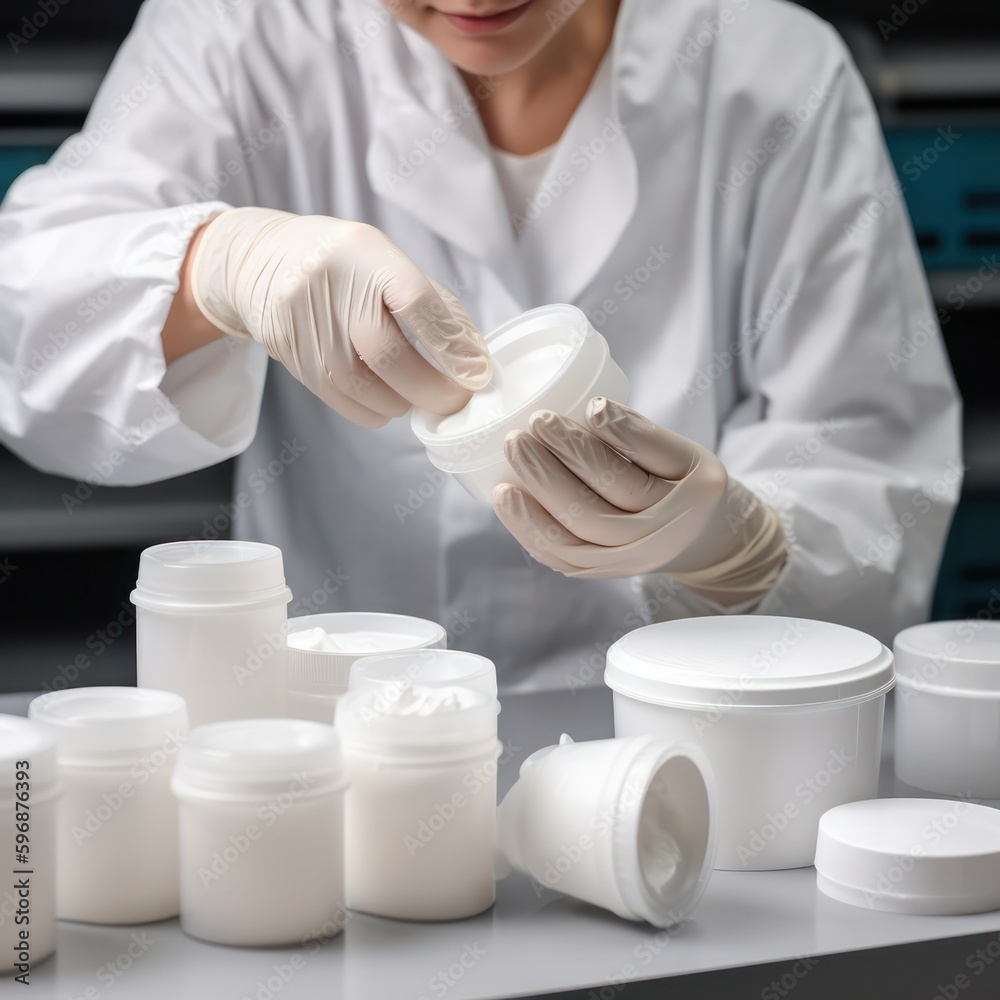 Production and packaging of cosmetic products. the hands of a factory worker in gloves and a bathrobe who is holding a plastic jar filling it with white face or body cream.Generative AI Production and packaging of cosmetic products. the hands of a factory worker in gloves and a bathrobe who is holding a plastic jar filling it with white face or body cream.Generative AI