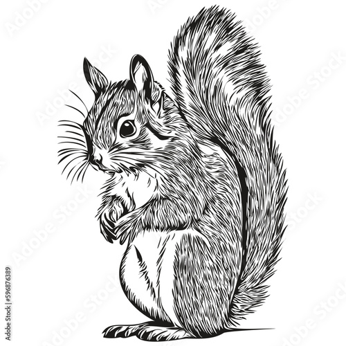 Engrave squirrel illustration in vintage hand drawing style baby squirrel.
