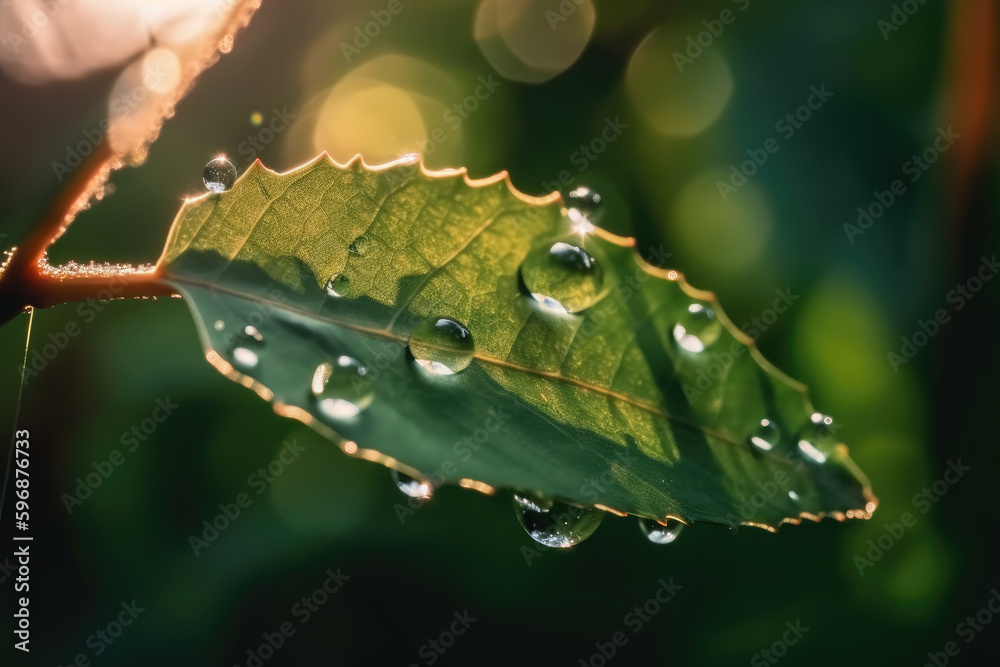 Beautiful water drops sparkle in sun on leaf in sunlight, macro. Big droplet of morning dew outdoor, beautiful round bokeh. Amazing artistic image of purity of nature Beautiful water drops sparkle in sun on leaf in sunlight, macro. Big droplet of morning dew outdoor, beautiful round bokeh. Amazing artistic image of purity of nature