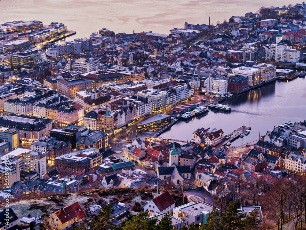 Long exposure shot of Bergen centre, illuminated after sunset, Norway