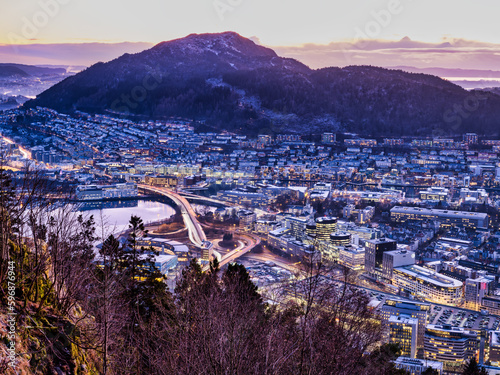 Illuminated buildings of Kronstad, Minde and Arstad in Bergen, Norway