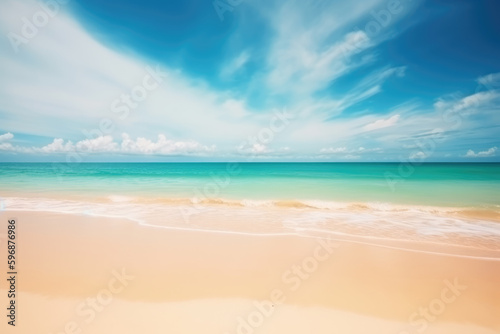 Abstract blur defocused background. Tropical summer beach with golden sand  turquoise ocean and blue sky with white clouds on bright sunny day. Colorful landscape for summer holidays