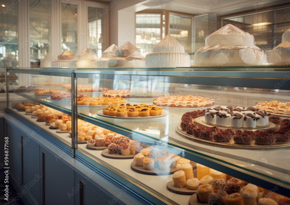 Sweet pastries and delicious cupcakes in a bakery. Generative AI.