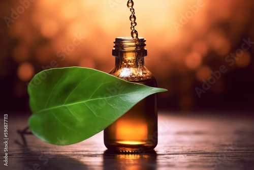 Alternative medicine and healing products, herbal natural cosmetics, aromatherapy and essential oils concept. A drop of liquid falls into a bottle on the background of nature. Generative AI