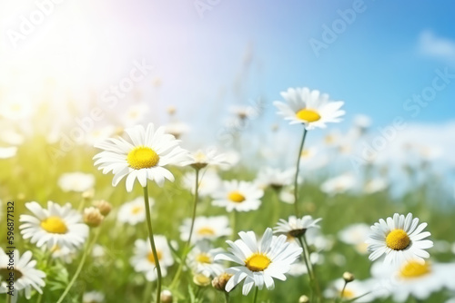 Beautiful blurred spring floral background nature with blooming glade of daisies and blue sky on sunny day. © Kateryna