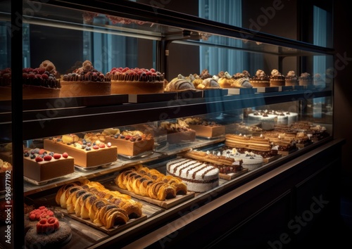 Sweet pastries and delicious cupcakes in a bakery. Generative AI.