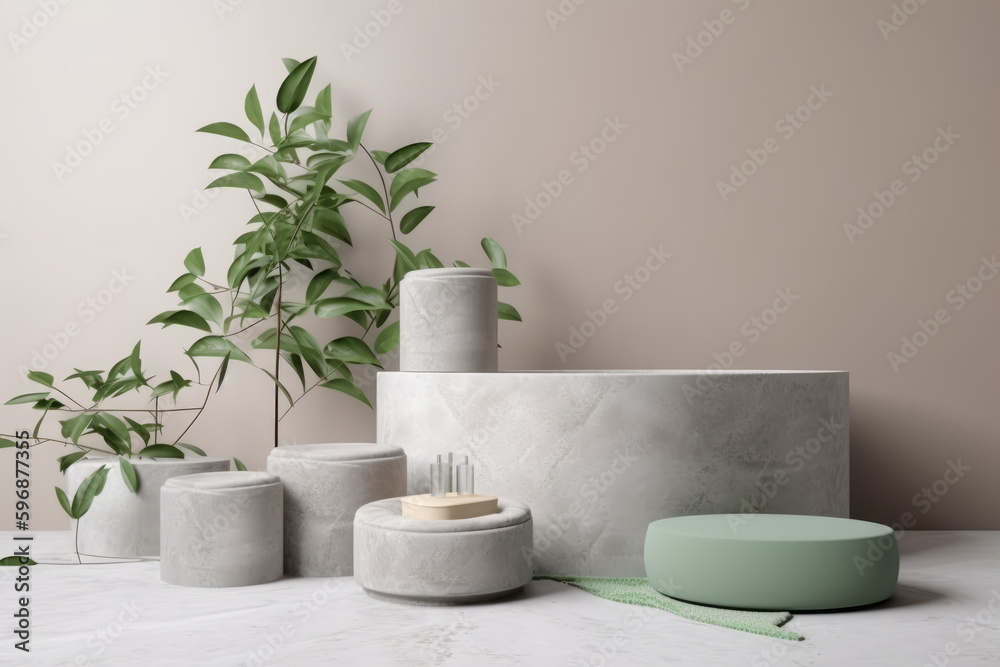 Original template for spa product presentation. Pedestal of marble slabs and branches with green leaves against background of wall in bathroom with masonry in light beige colors