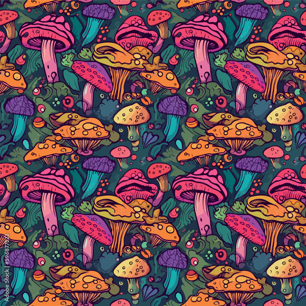 Happy Mushrooms seamless pattern design, Psychedelic Decorative in Neon Colors
