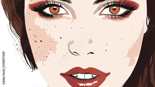 Vector image of a woman with long eyelashes and a smiling expression. Illustrated is in color.	