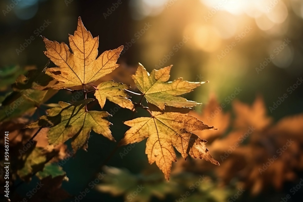 Natural autumn background with golden yellow and orange maple leaves glowing in the sun on a gentle blurry light green background. AI generative