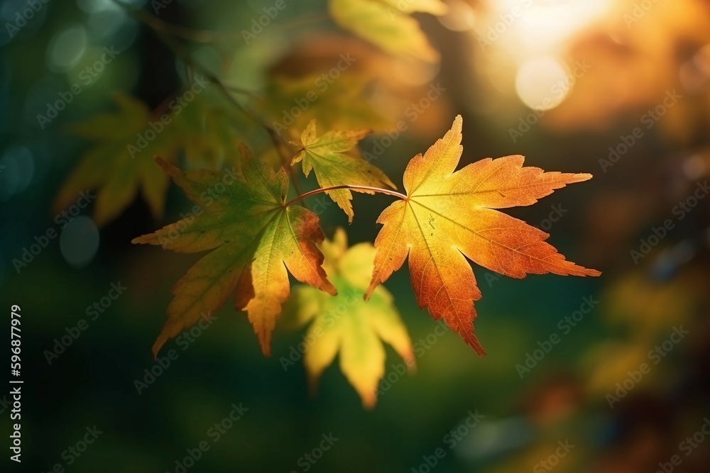 Natural autumn background with golden yellow and orange maple leaves glowing in the sun on a gentle blurry light green background. AI generative